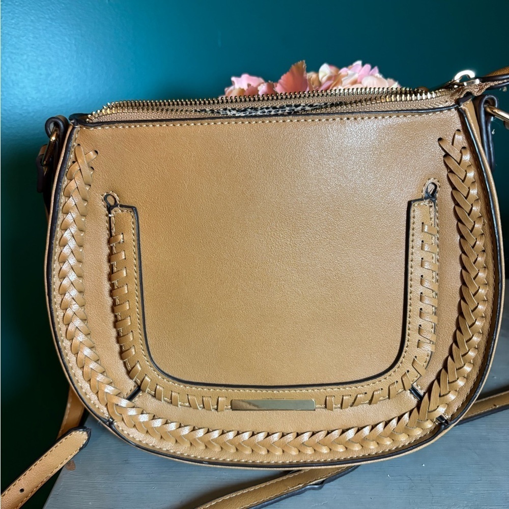 Sole Society Tan Crossbody Bag with Braided Detail and Saddle Design